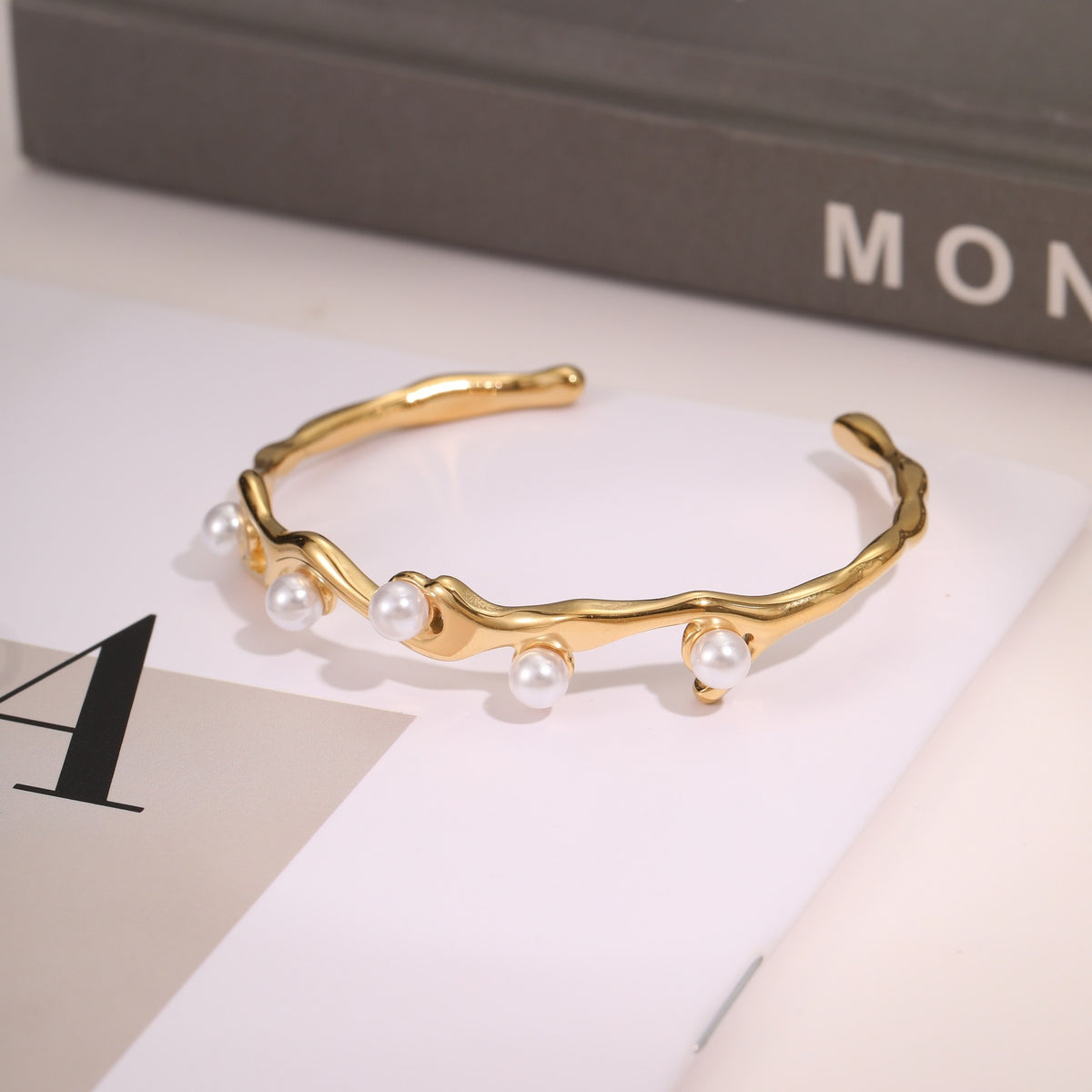 18K gold electroplated stainless steel open bangle, Falvine, view 3