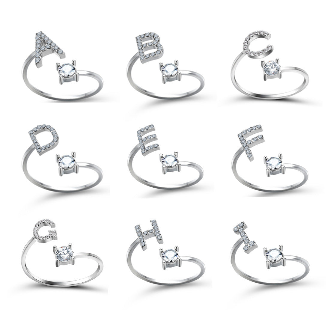 Adjustable initial letter ring with zirconia, close detail