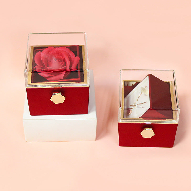 Rose gift box shown with a ring in the jewelry drawer