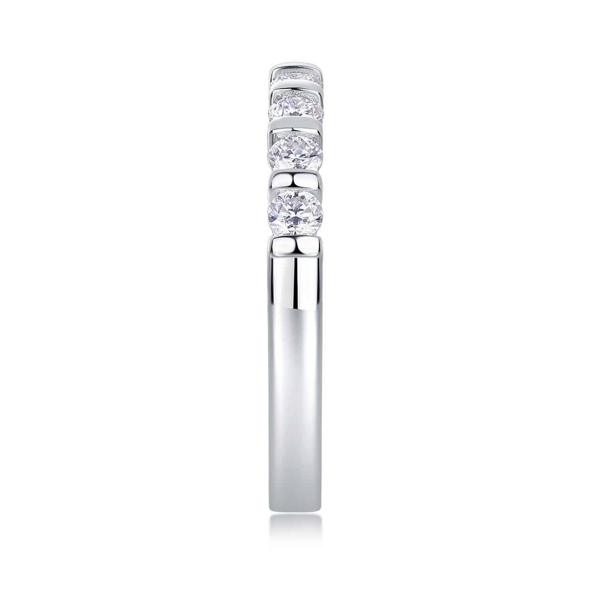 Silver moissanite ring, side view