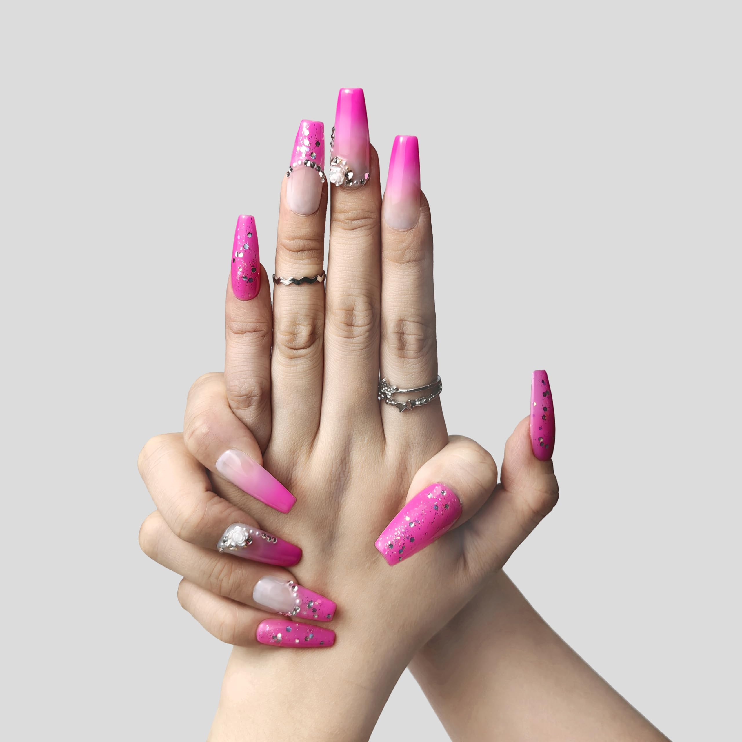 Close-up of the short almond shape of the blush press-on nails
