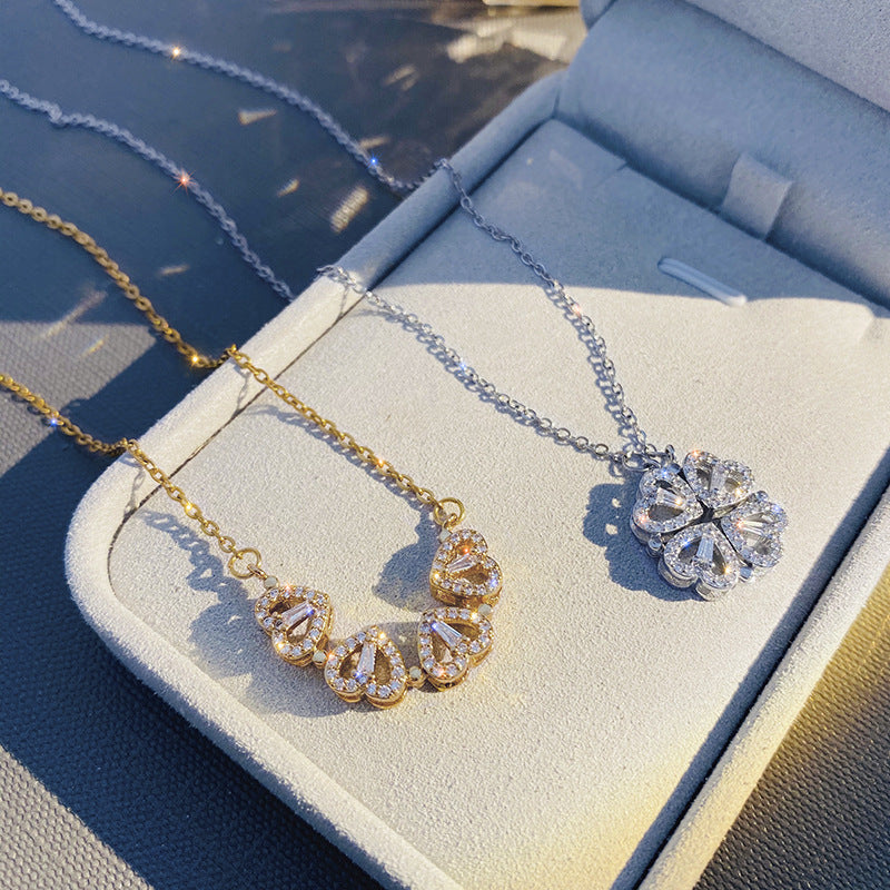Gold magnetic four-leaf clover folding heart necklace