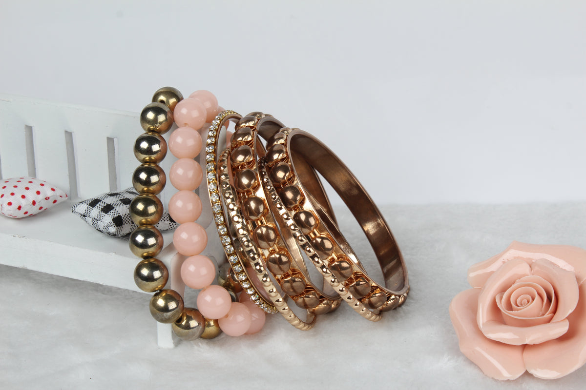 7-piece gold bangle and beaded bracelet set, Falvine, view 3