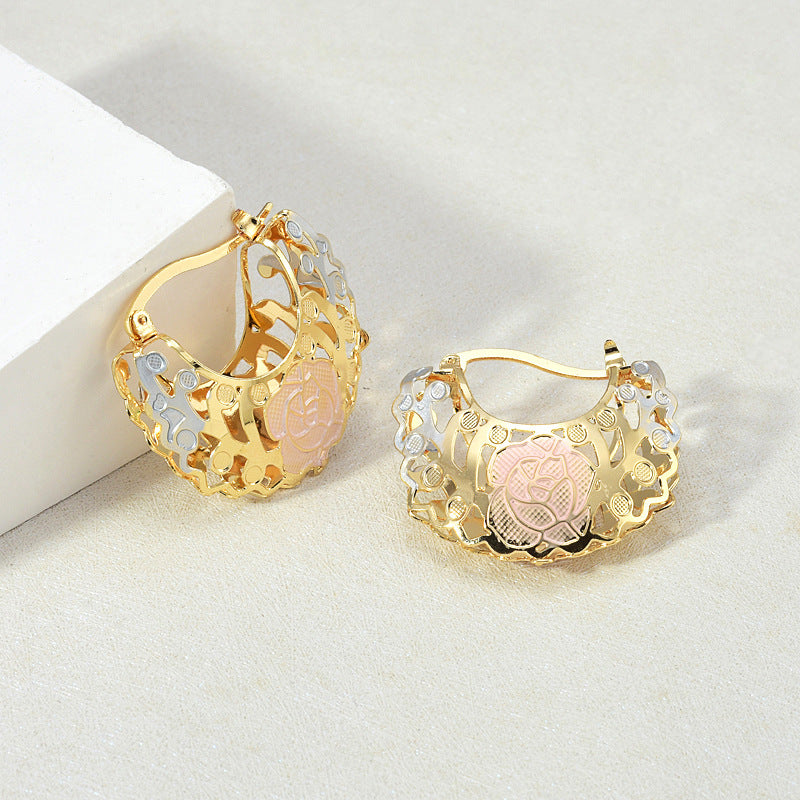 Rosette and Cube Bead Hoop Earrings, Set of Two