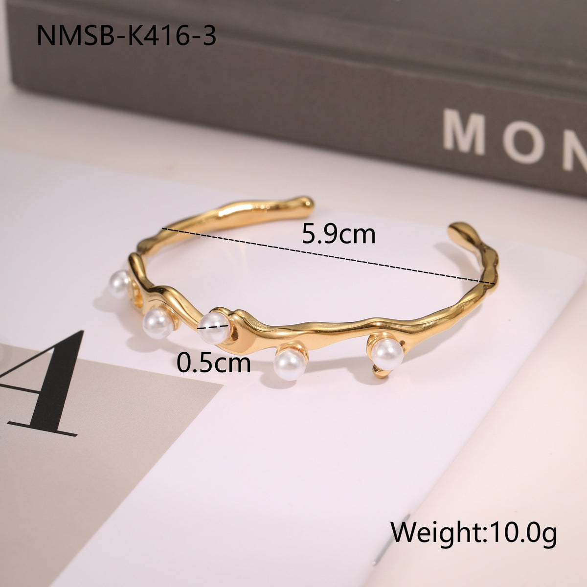 18K gold electroplated stainless steel open bangle, Falvine, view 2