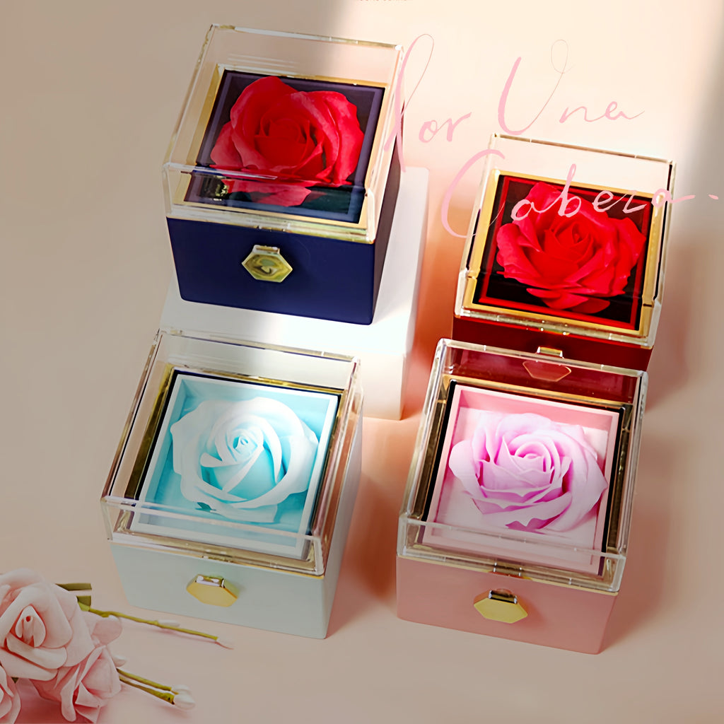 Rotating rose gift box with jewelry drawer in red