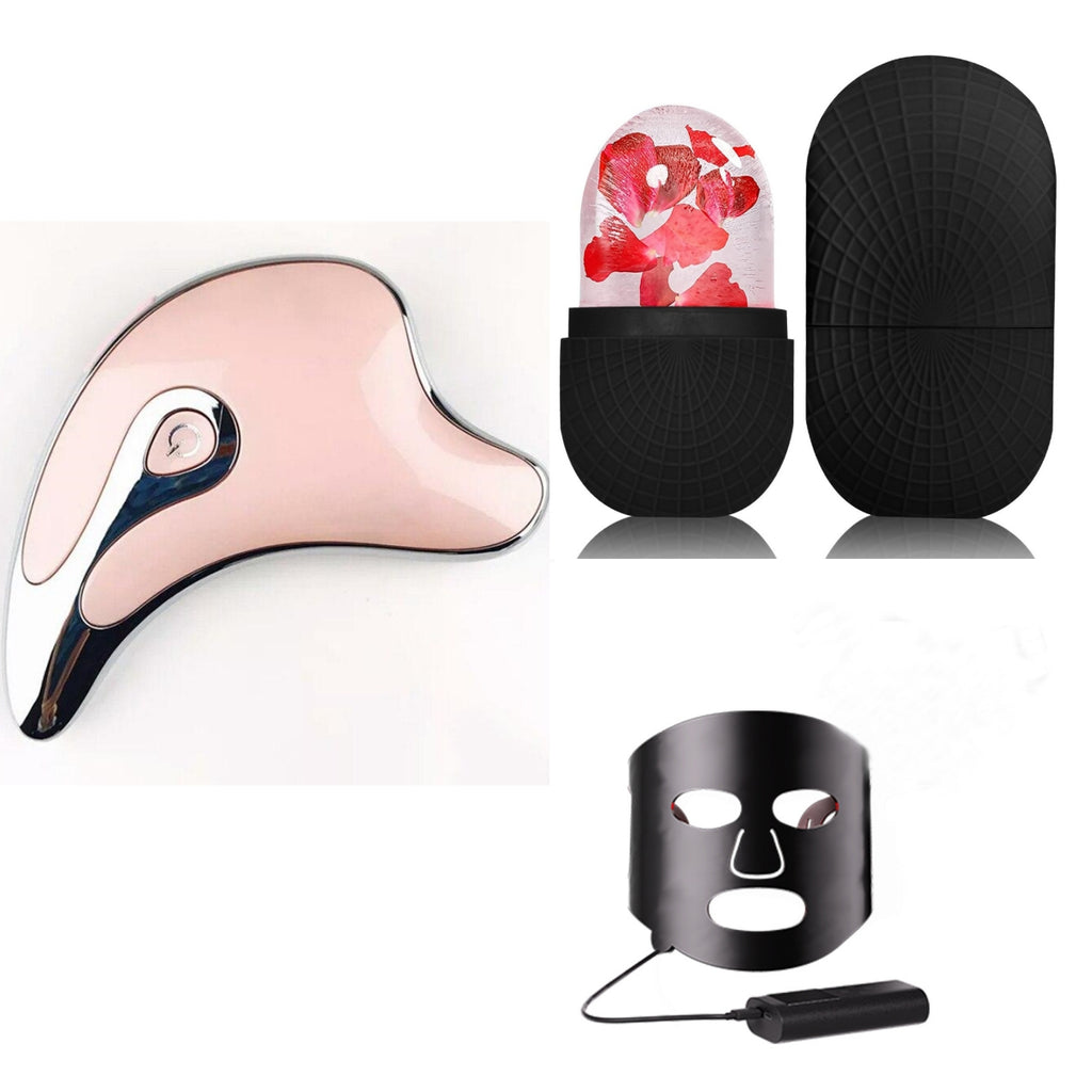 Microcurrent LED gua sha facial massager shown in pink and silver