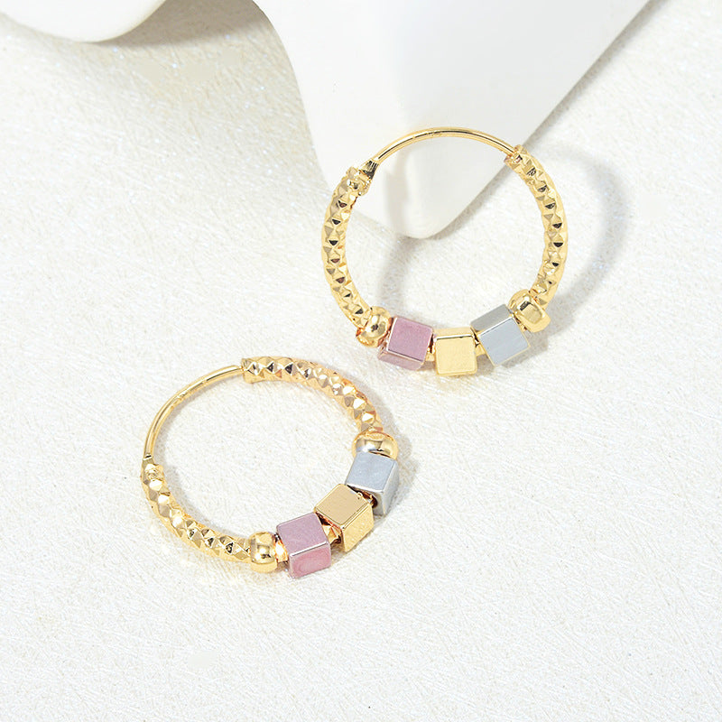 Cube bead hoop earrings in gold tone