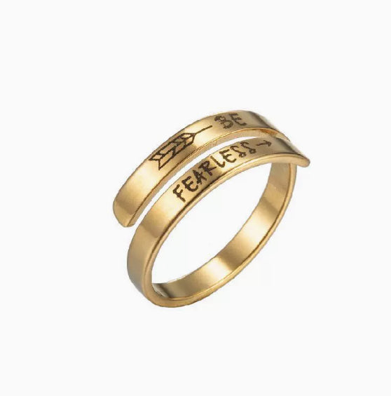 Stainless steel letter ring, close-up
