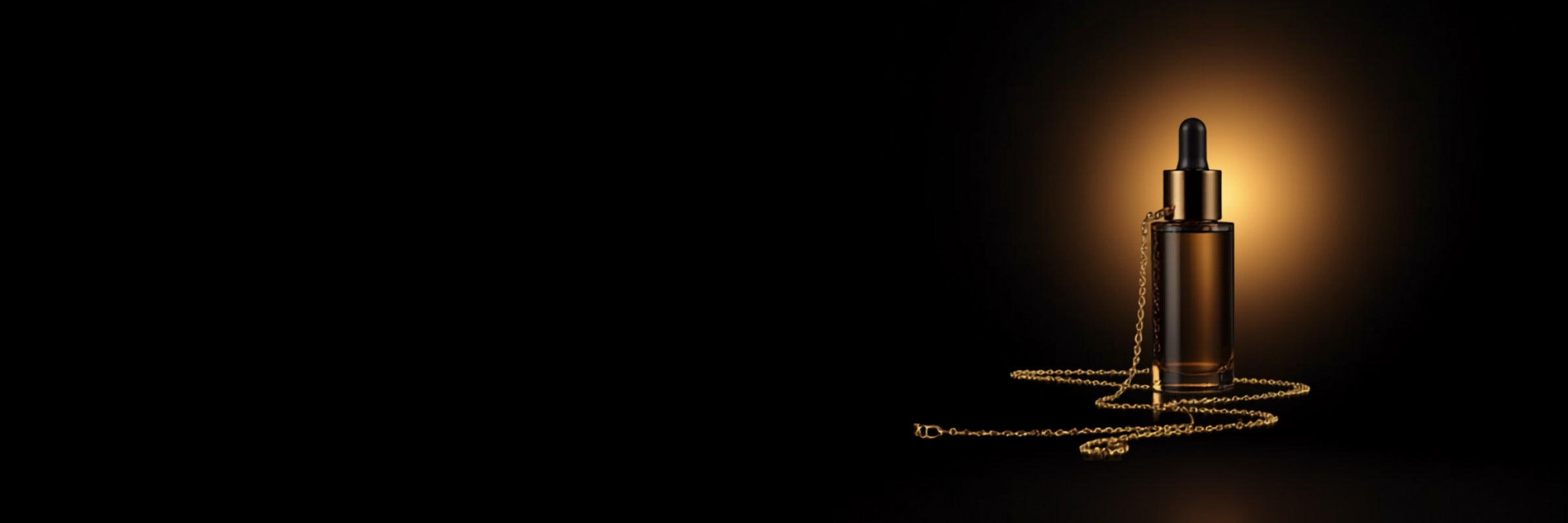 Falvine hero background — gold necklace and serum bottle, desktop
