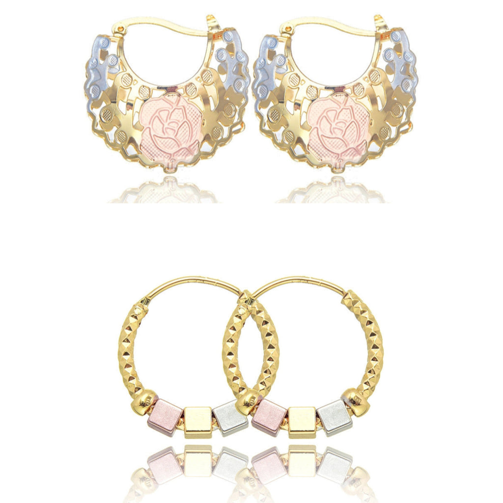 Rosette and Cube Bead Hoop Earrings, Set of Two