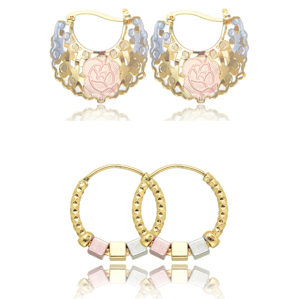 Rosette and Cube Bead Hoop Earrings, Set of Two